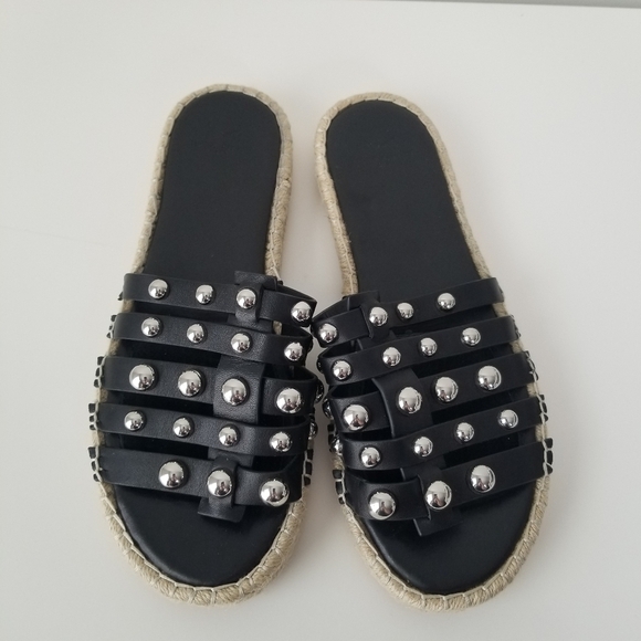Marc Fisher Black Tamie Leather Studded Slide Sandals Size 9 Espadrille - Picture 2 of 10